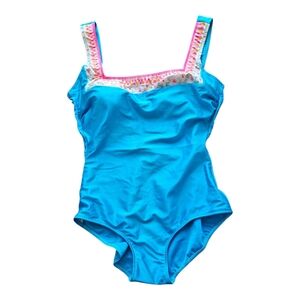 Gottex One Piece Swimsuit Square Neckline Aqua/Floral Detailed Size M